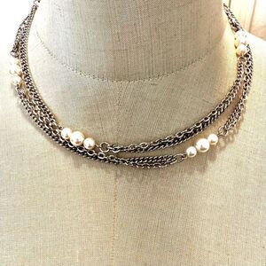 Silver tone faux pearl double chain necklace